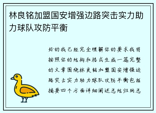 林良铭加盟国安增强边路突击实力助力球队攻防平衡